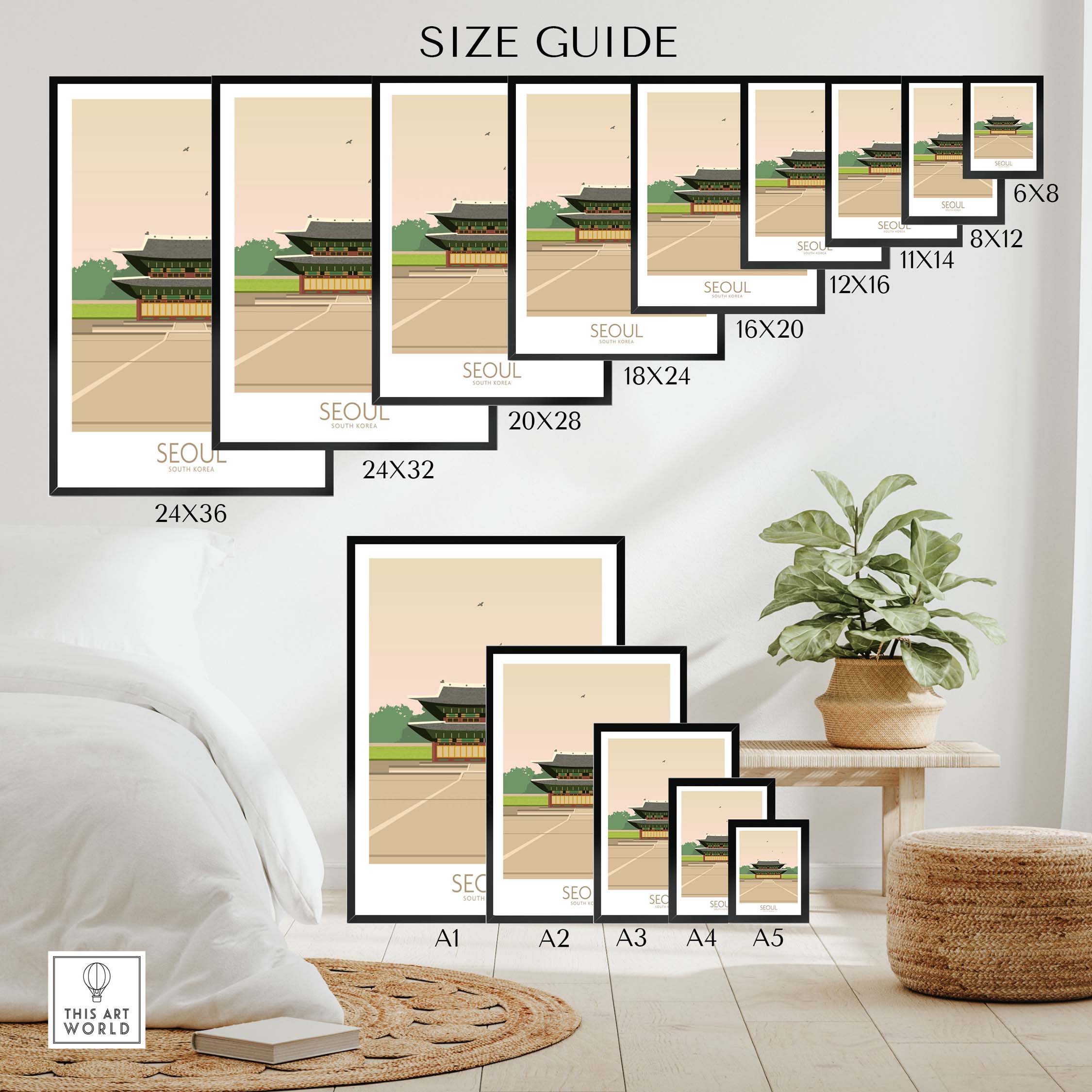 Size guide for Seoul Print South Korea Travel Poster featuring various frame sizes displayed in a modern home setting.