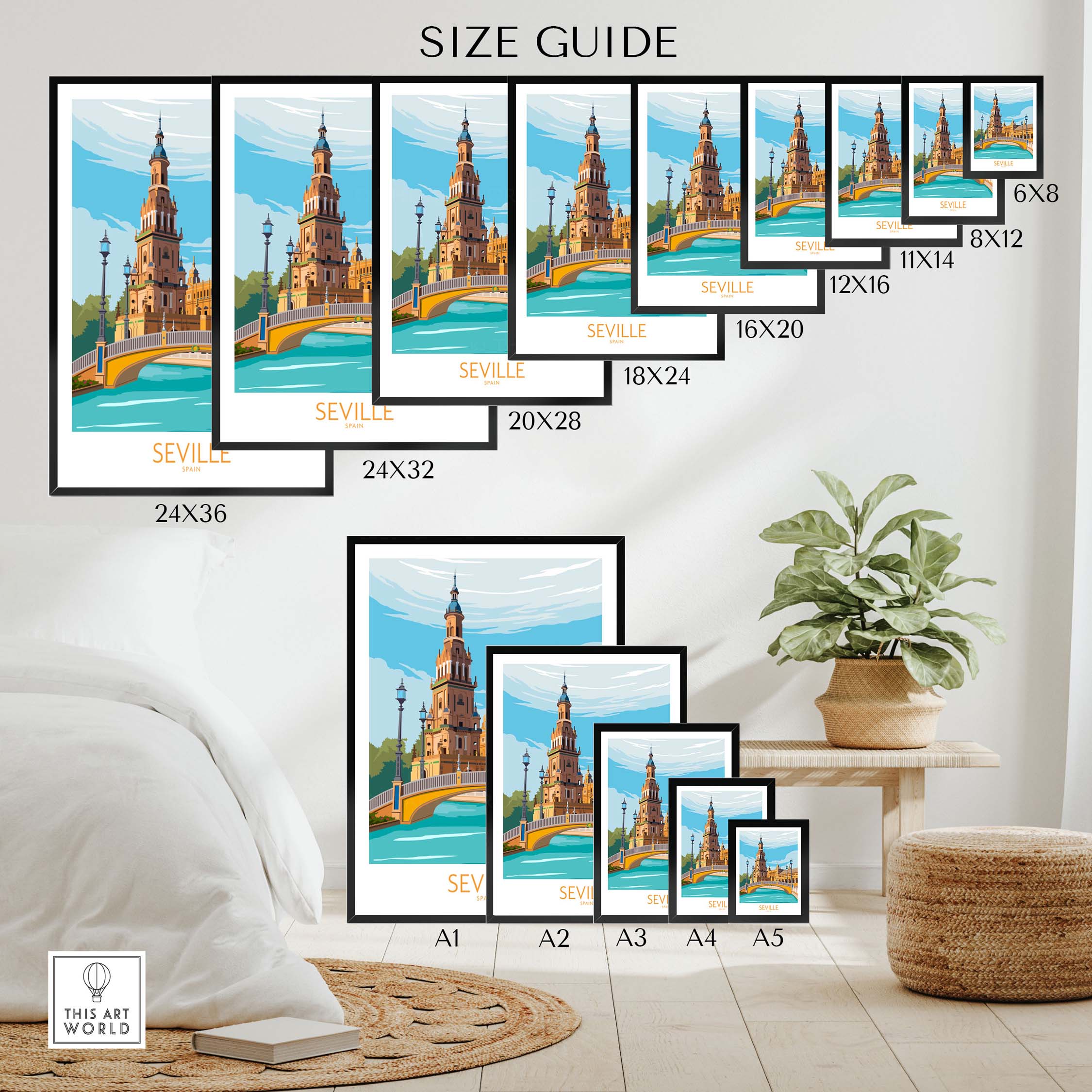 Size guide for Seville Poster Travel Print showcasing available frame sizes and design options.
