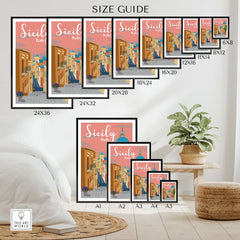 Sicily Print Italy Poster size guide with various frame dimensions for stylish wall art decor.