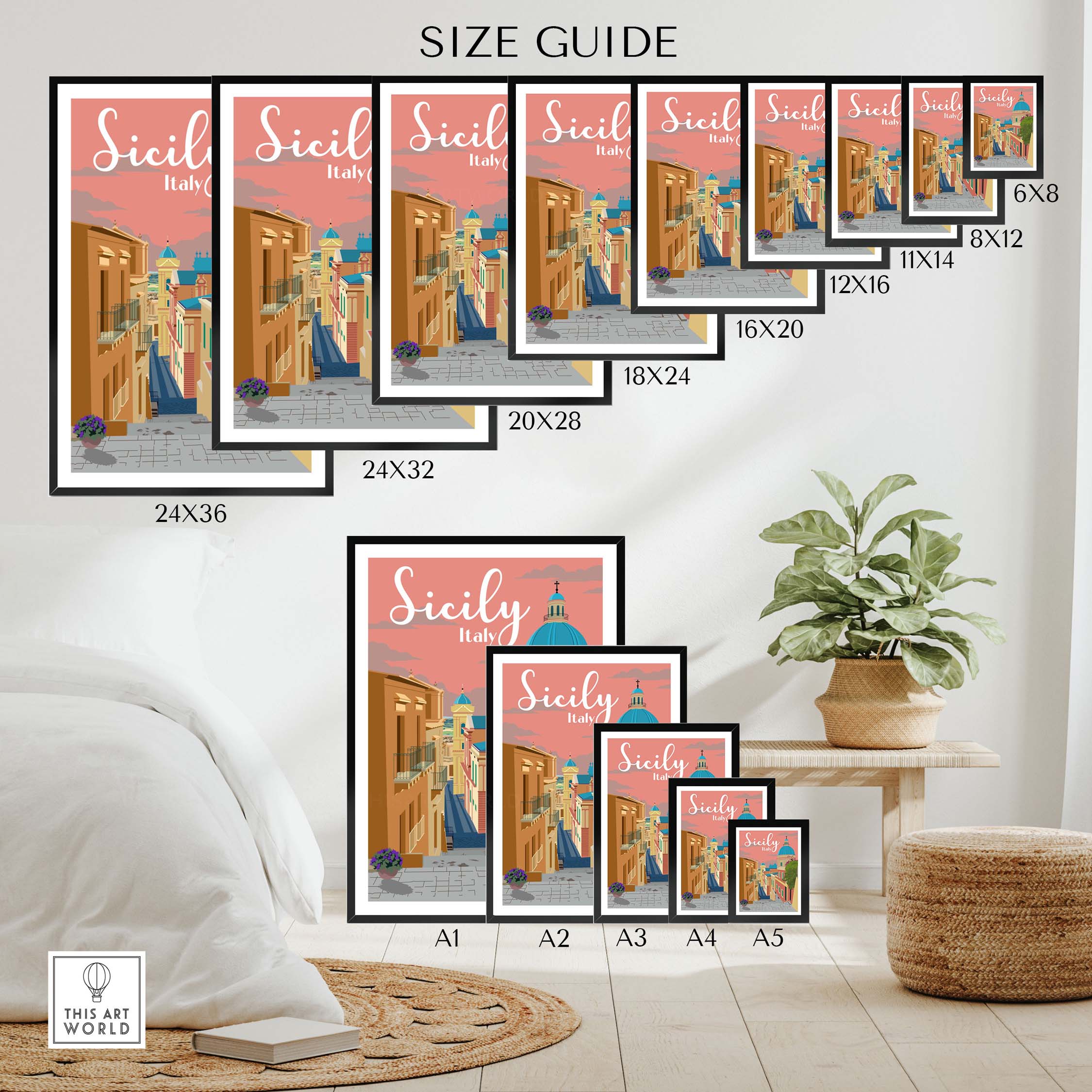 Sicily Print Italy Poster size guide with various frame dimensions for stylish wall art decor.