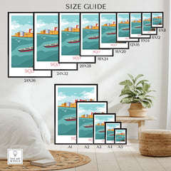 Size guide for Sicily Poster Travel Art Print featuring various frame sizes and designs.