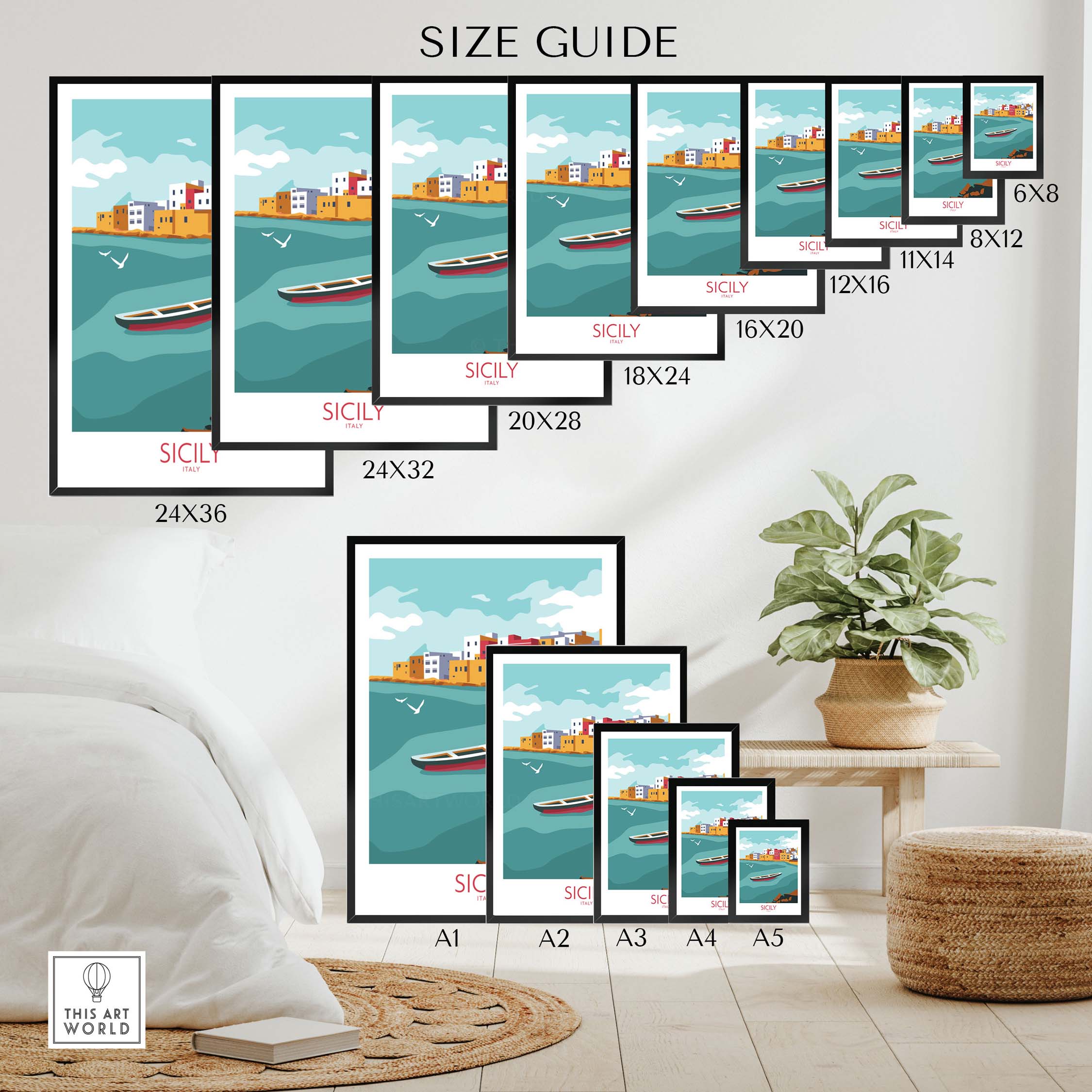 Size guide for Sicily Poster Travel Art Print featuring various frame sizes and designs.
