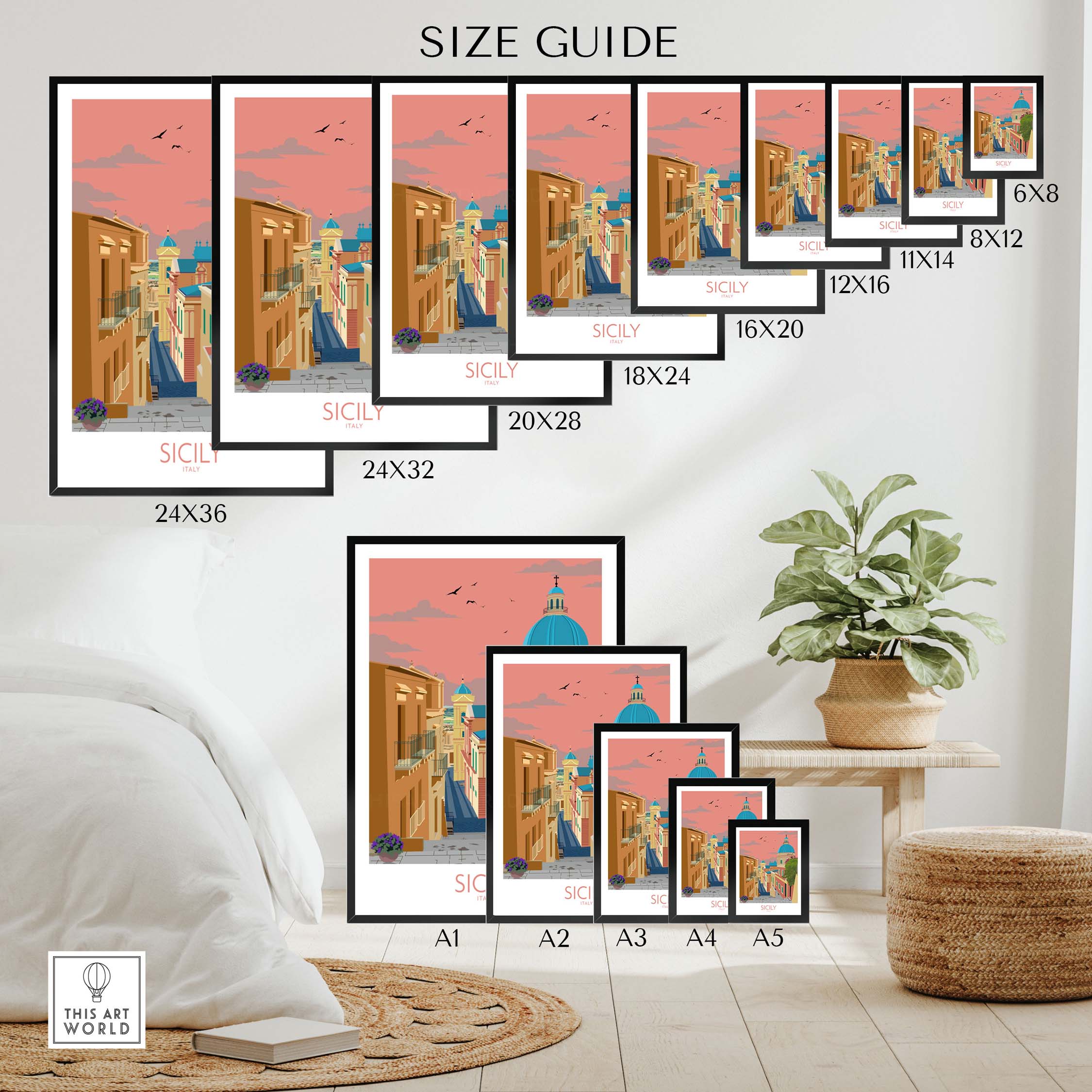 Sicily Poster Italy wall art size guide displaying various frame options and dimensions for wall decor.