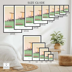 Size guide for Singapore Print Travel Poster showcasing various frame sizes and designs for stylish wall art.