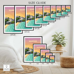 Skiathos travel poster print size guide showcasing various framed options for stylish wall art.