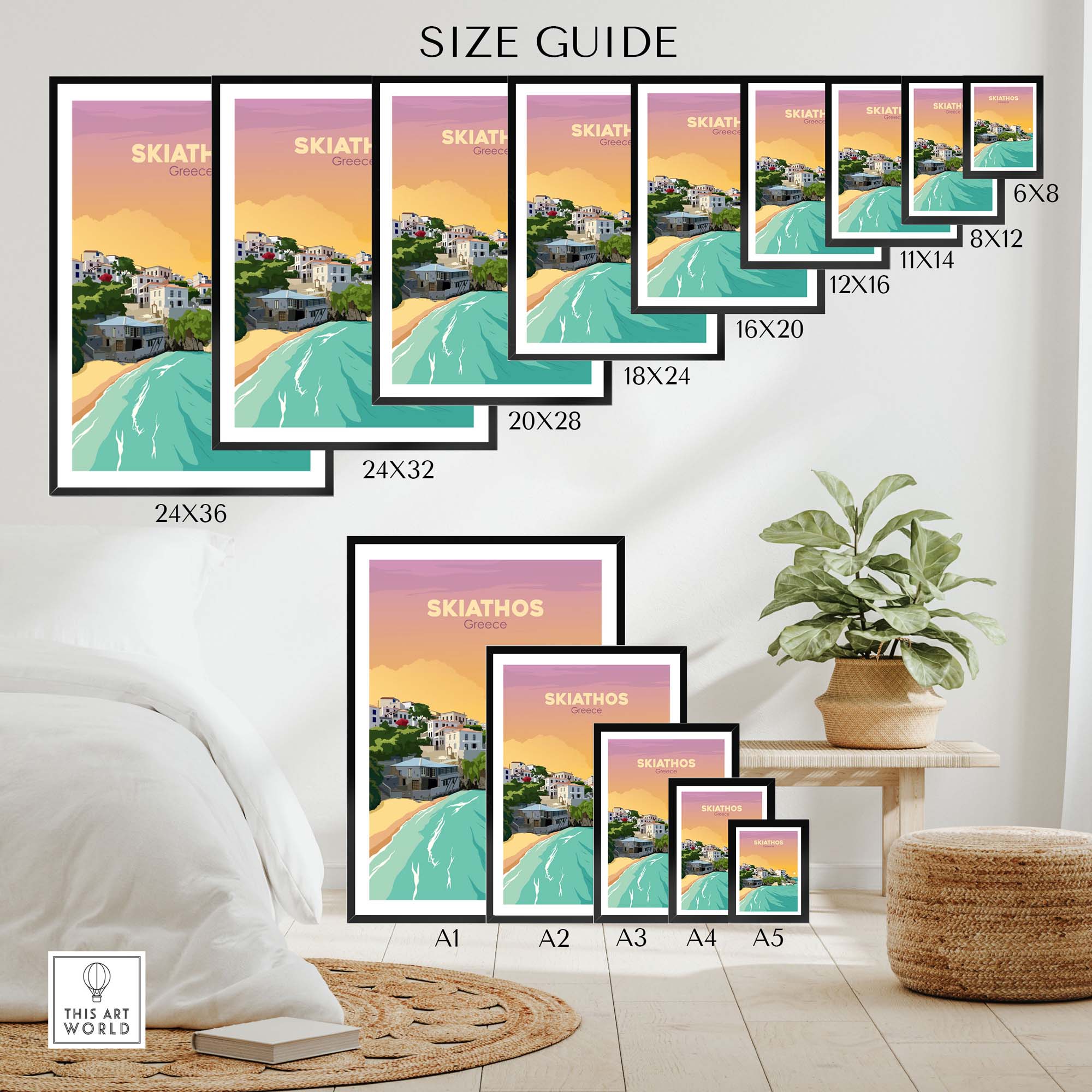Skiathos travel poster print size guide showcasing various framed options for stylish wall art.