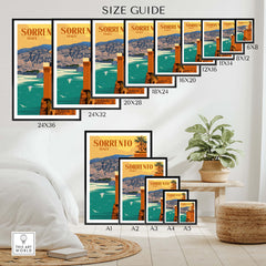 Size guide for Sorrento Poster Print Wall Art showcasing various frame sizes and design options.