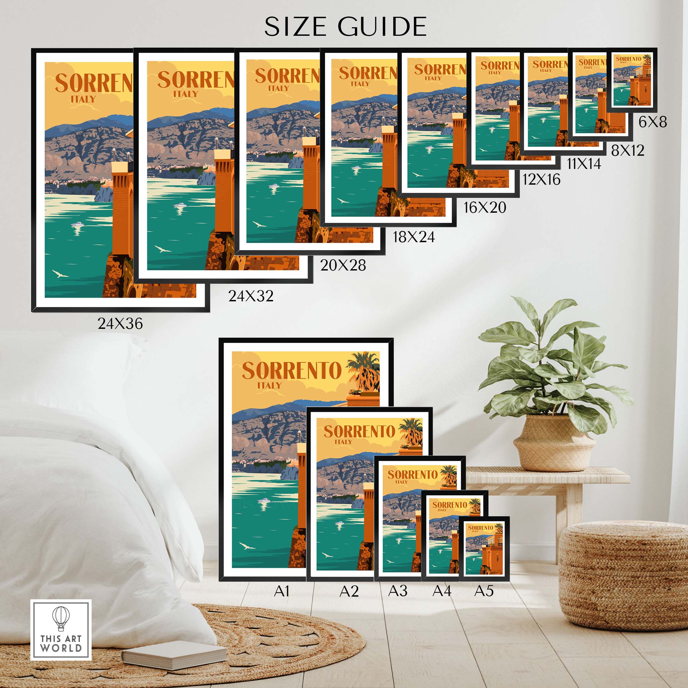 Size guide for Sorrento Poster Print Wall Art showcasing various frame sizes and design options.