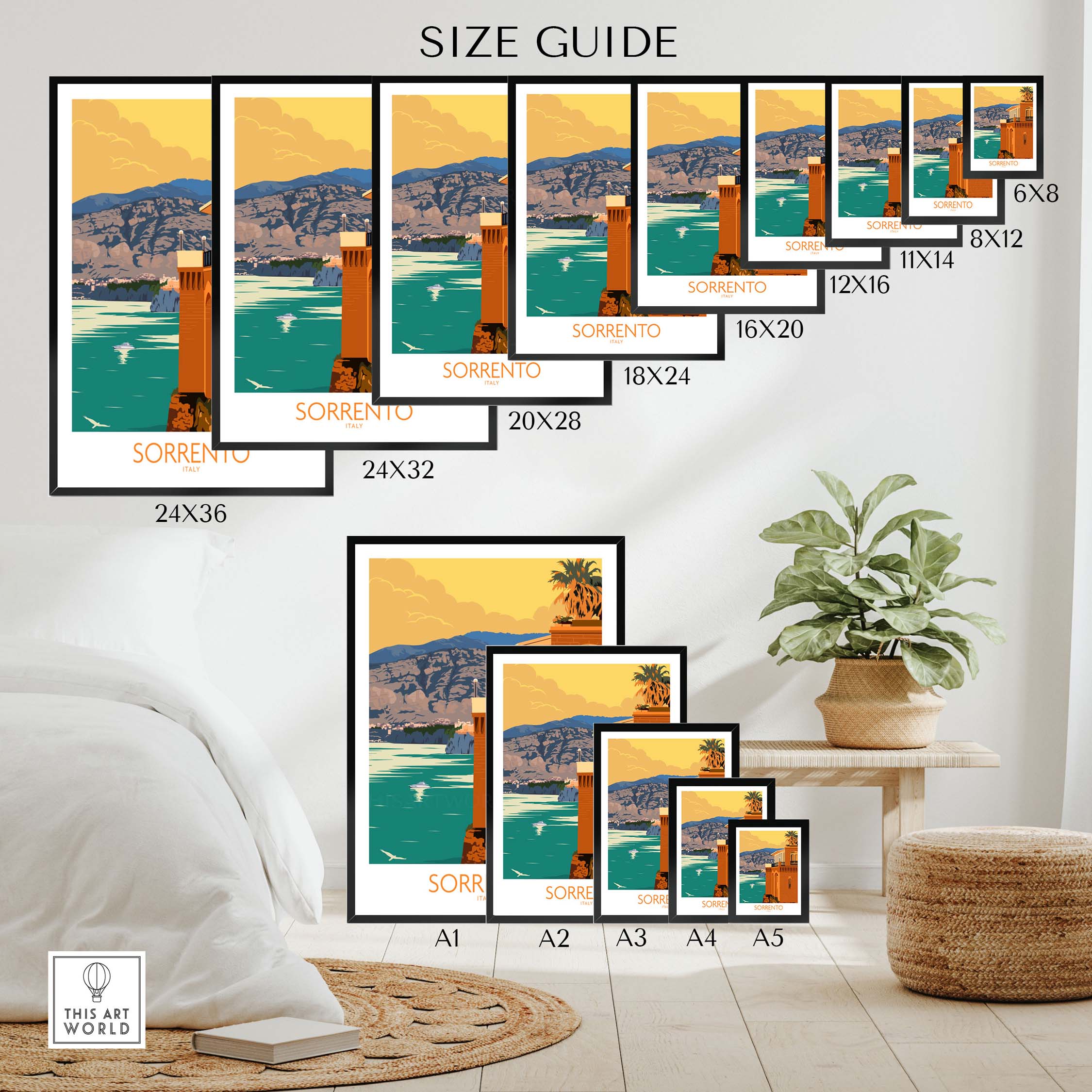 Sorrento Poster Travel Print size guide with various frame options and artwork displayed on a stylish background.