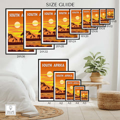 Size guide for South Africa Poster prints, showcasing various frame sizes in a stylish room setting.