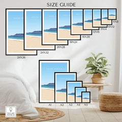 Size guide for South Africa travel poster prints displayed in various frame sizes in a stylish home setting.