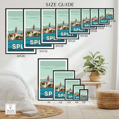 Size guide for Split Croatia Print Poster Wall Art showcasing various frame sizes and designs.
