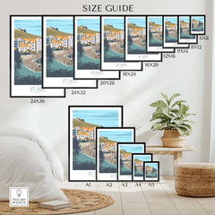 Size guide for Cornwall Poster St Ives Print showing available dimensions and framed options in a stylish interior setting.
