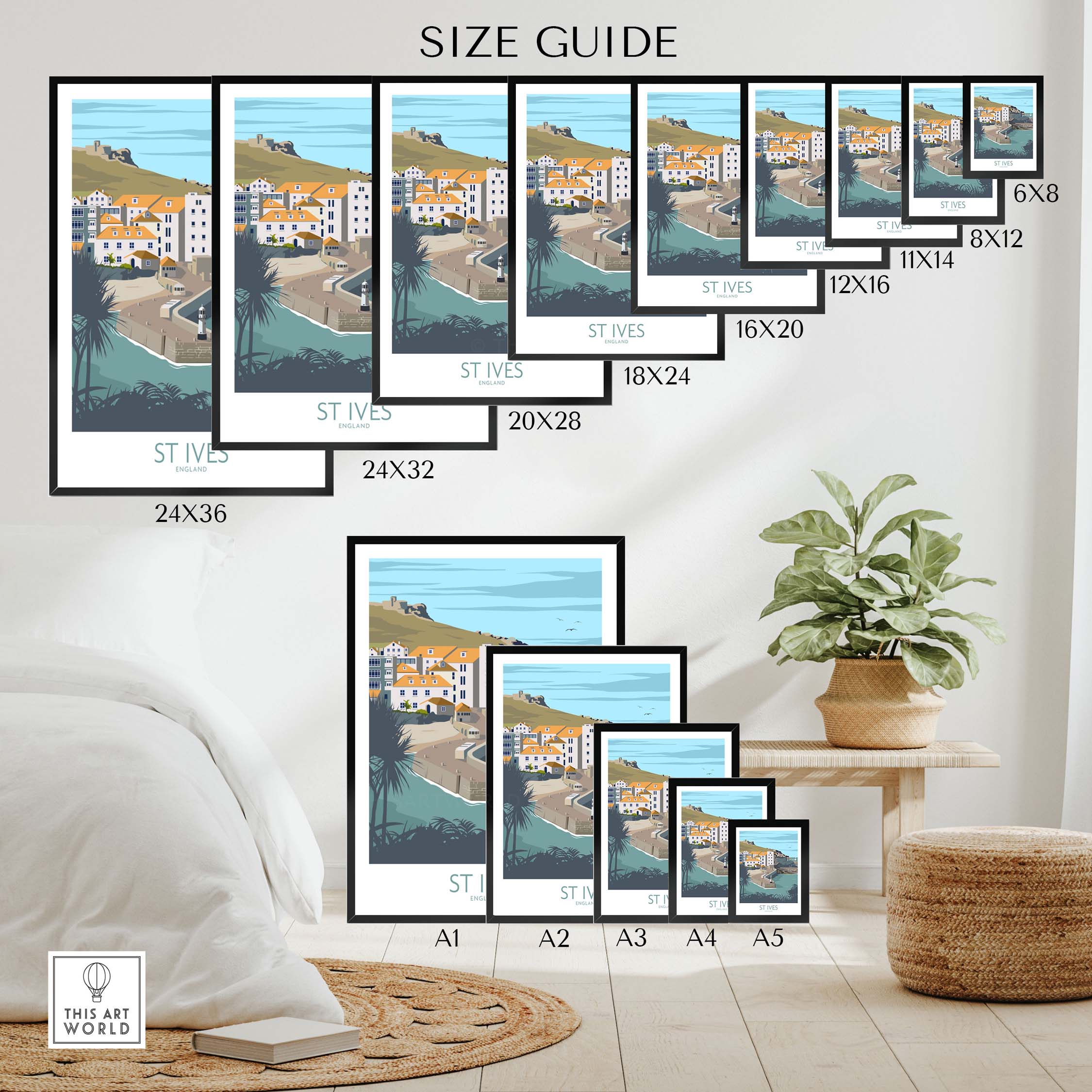 Size guide for Cornwall Poster St Ives Print showing available dimensions and framed options in a stylish interior setting.