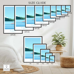 Size guide for Virgin Islands Poster St John Print showcasing various frame sizes in a stylish room setting.