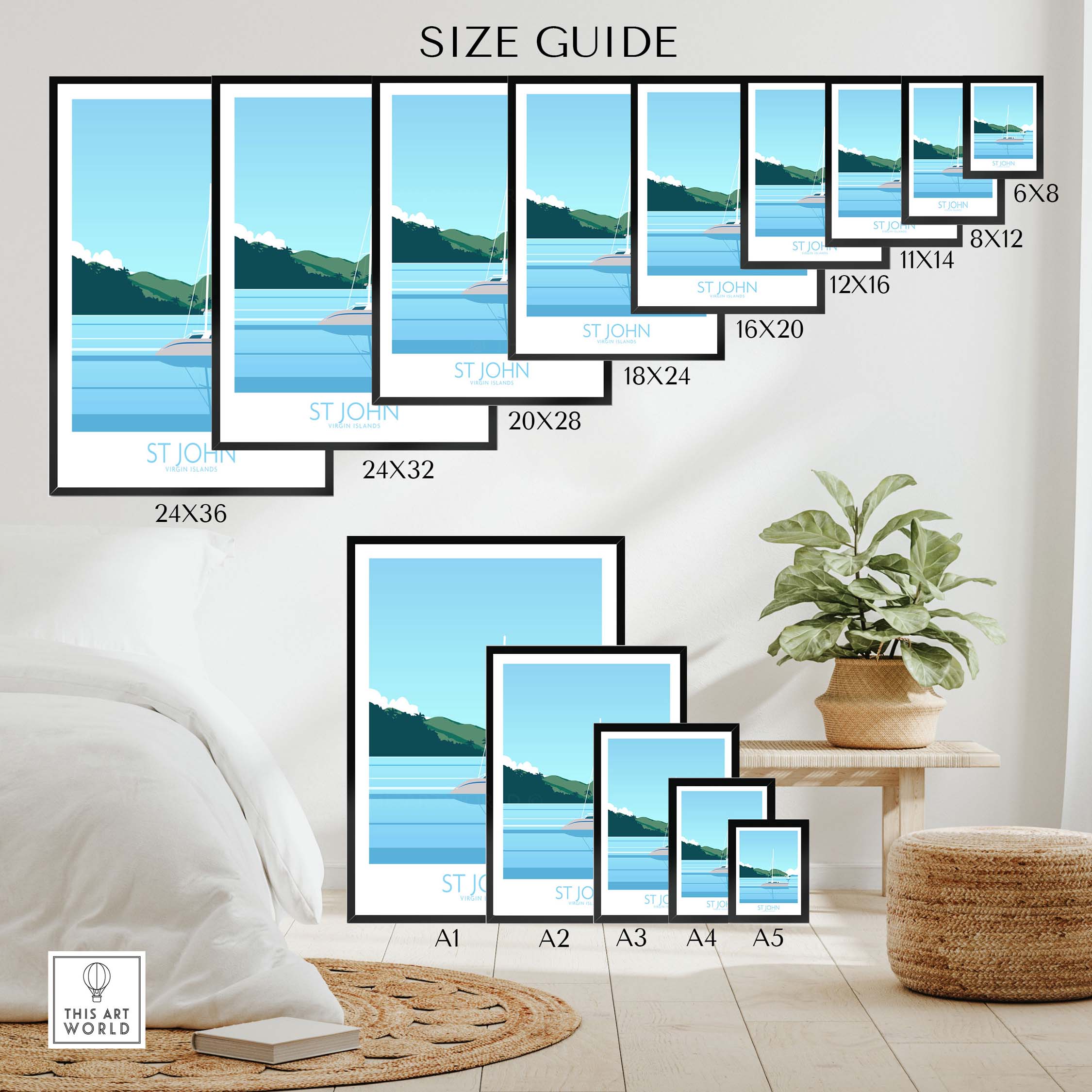 Size guide for Virgin Islands Poster St John Print showcasing various frame sizes in a stylish room setting.