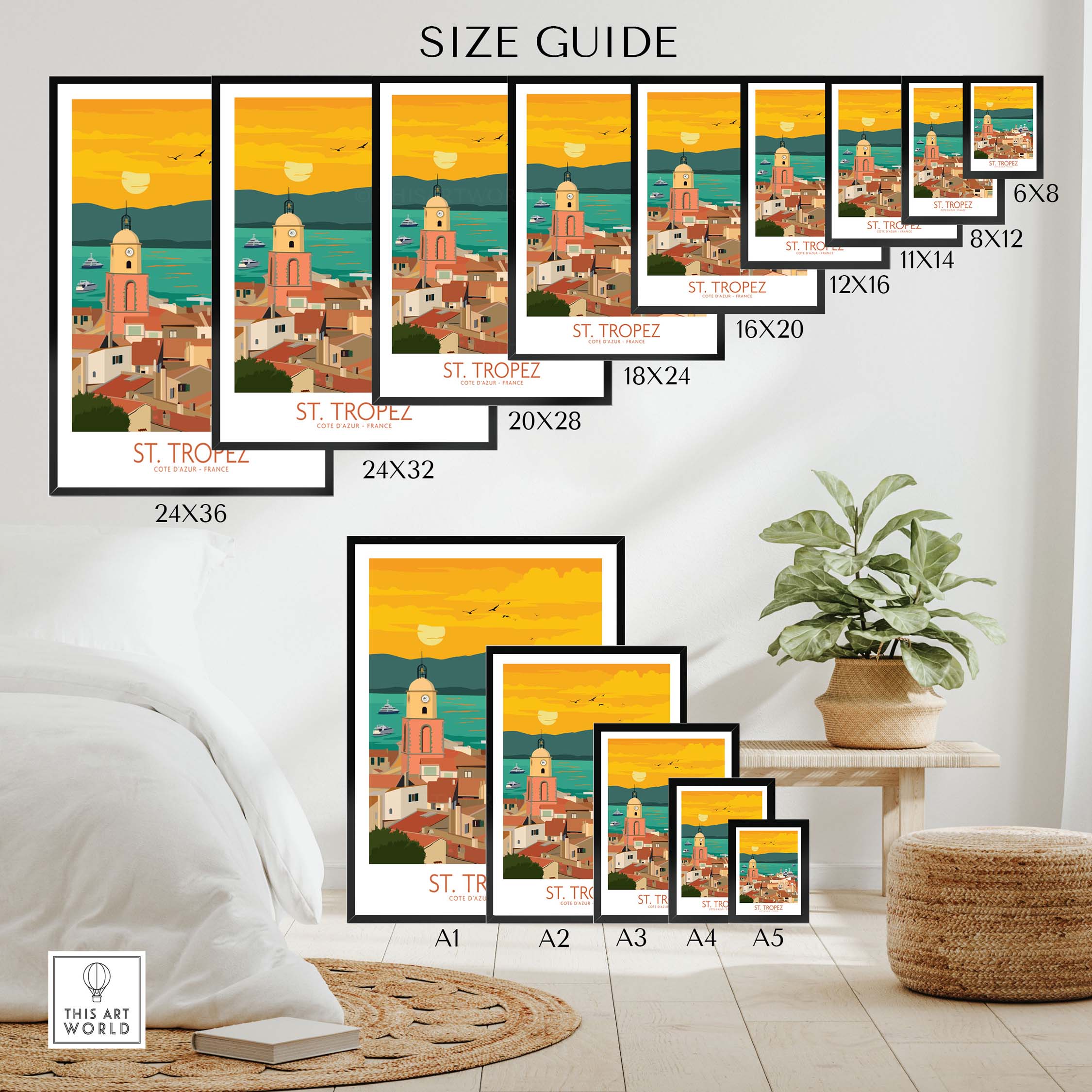 St Tropez Poster Print size guide showing various frame options and dimensions in a stylish home setting.