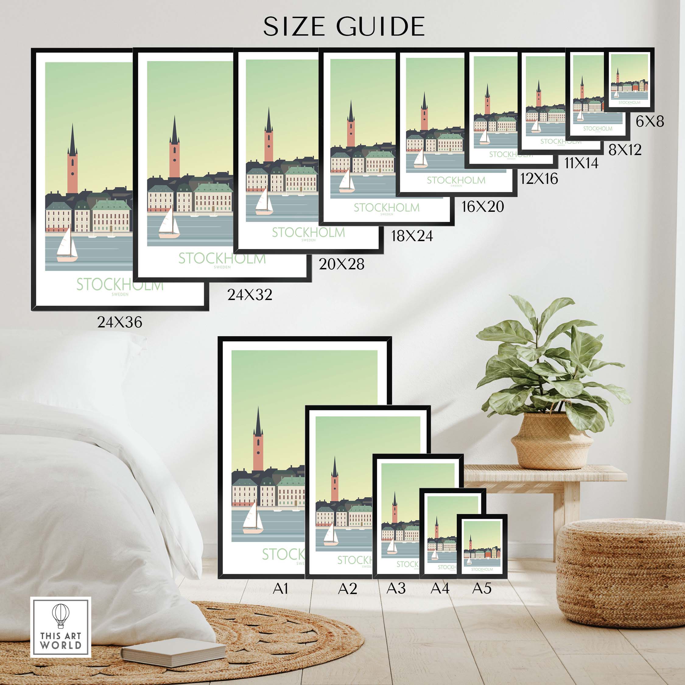 Size guide for Stockholm Print Sweden Poster showcasing various frame sizes and wall art styles.