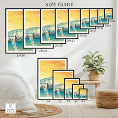 Sydney Travel Poster Print size guide showcasing various framed and unframed options.