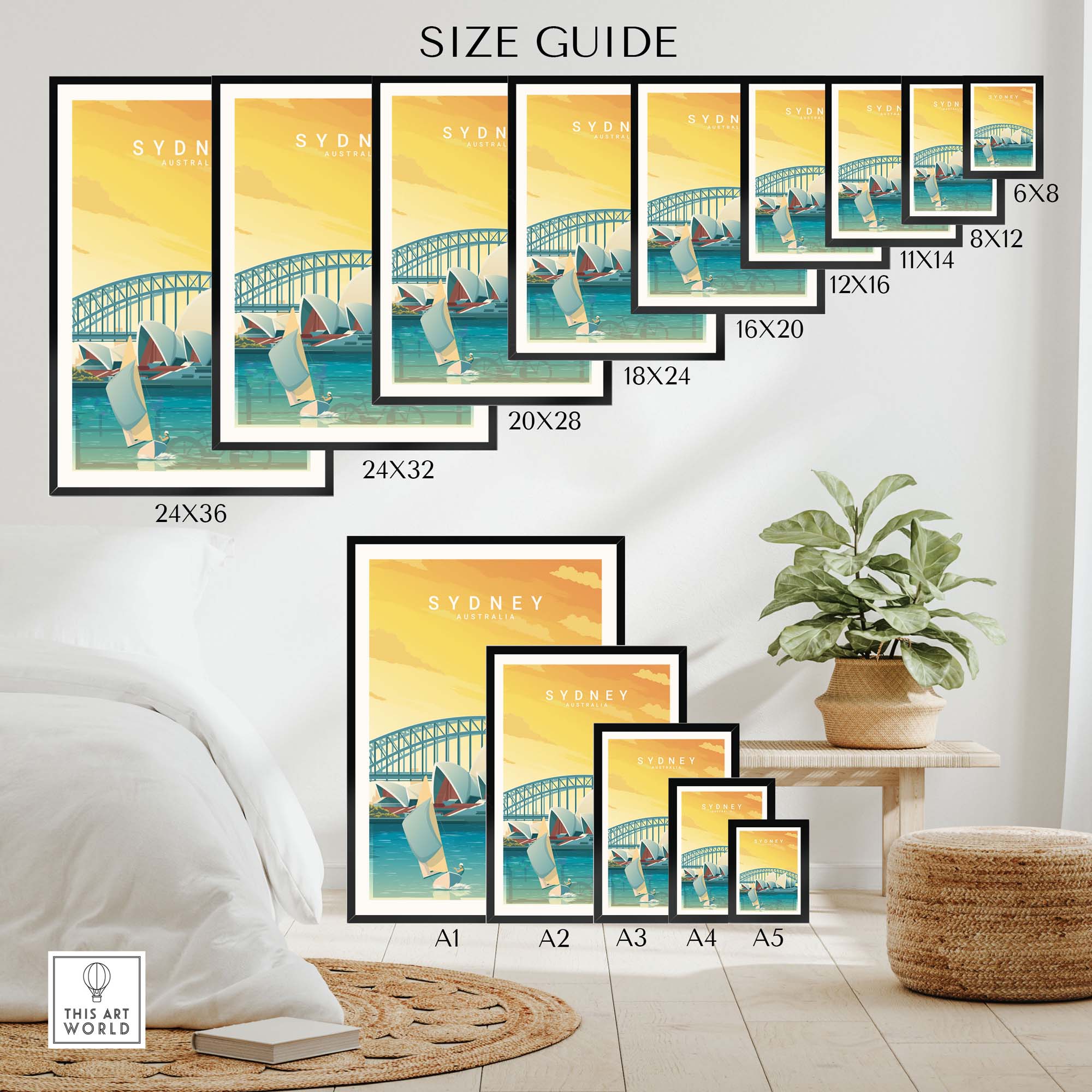 Sydney Travel Poster Print size guide showcasing various framed and unframed options.