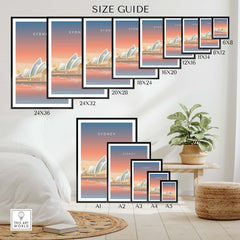 Sydney wall art poster size guide showcasing different frame sizes for home decor inspiration.