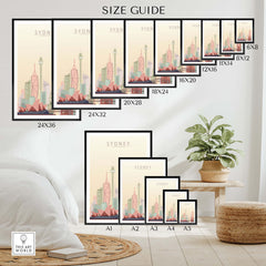 Size guide for Sydney City Skyline wall art print, showcasing various frame sizes and styles for decor options.
