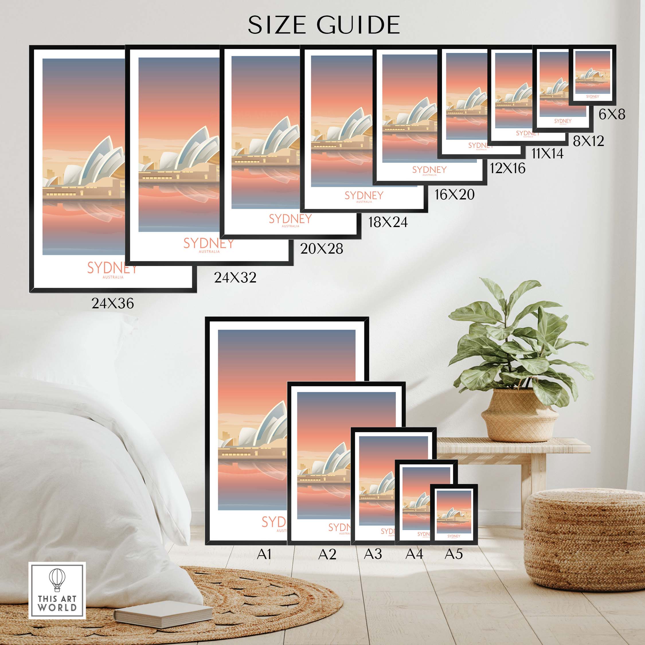 Size guide for Sydney Australia wall art, showcasing various print sizes from 6x8 to 24x36 for stylish decor.