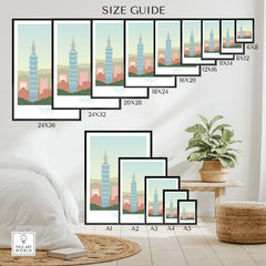 Size guide for Taipei Print Taiwan Travel Poster showcasing different frame sizes in a stylish living room.