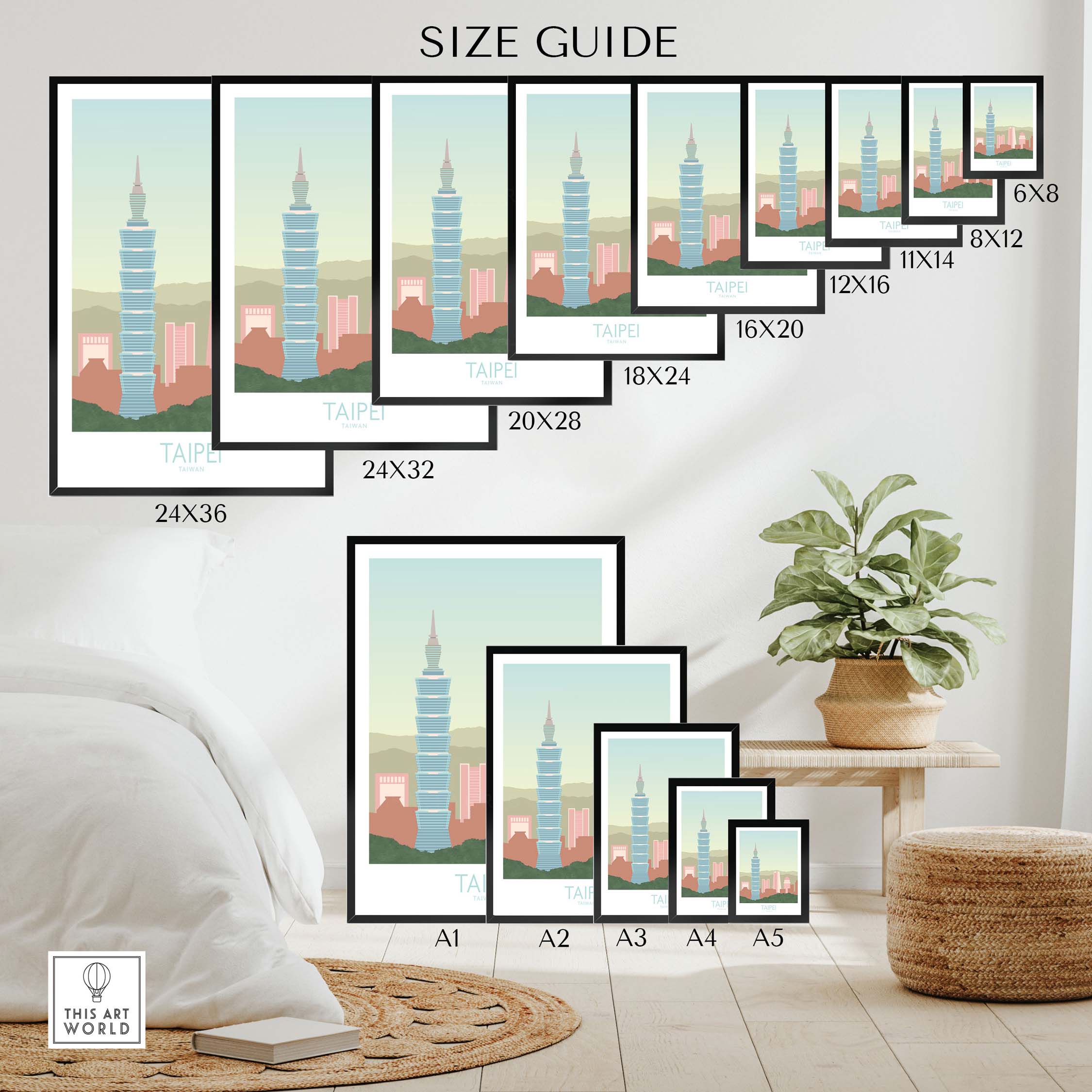 Size guide for Taipei Print Taiwan Travel Poster showcasing different frame sizes in a stylish living room.