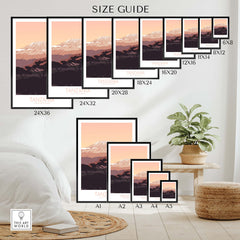 Size guide for Kilimanjaro Print Tanzania Poster showcasing various dimensions for wall art framing options.