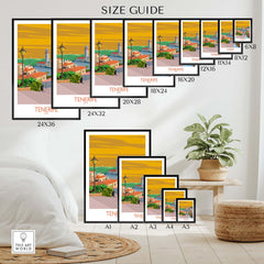 Size guide for Tenerife Poster Spain Print showcasing various frame sizes against a stylish interior backdrop.
