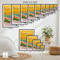 Tenerife Poster Print Wall Art size guide showcasing various frame sizes in a stylish living room setting.
