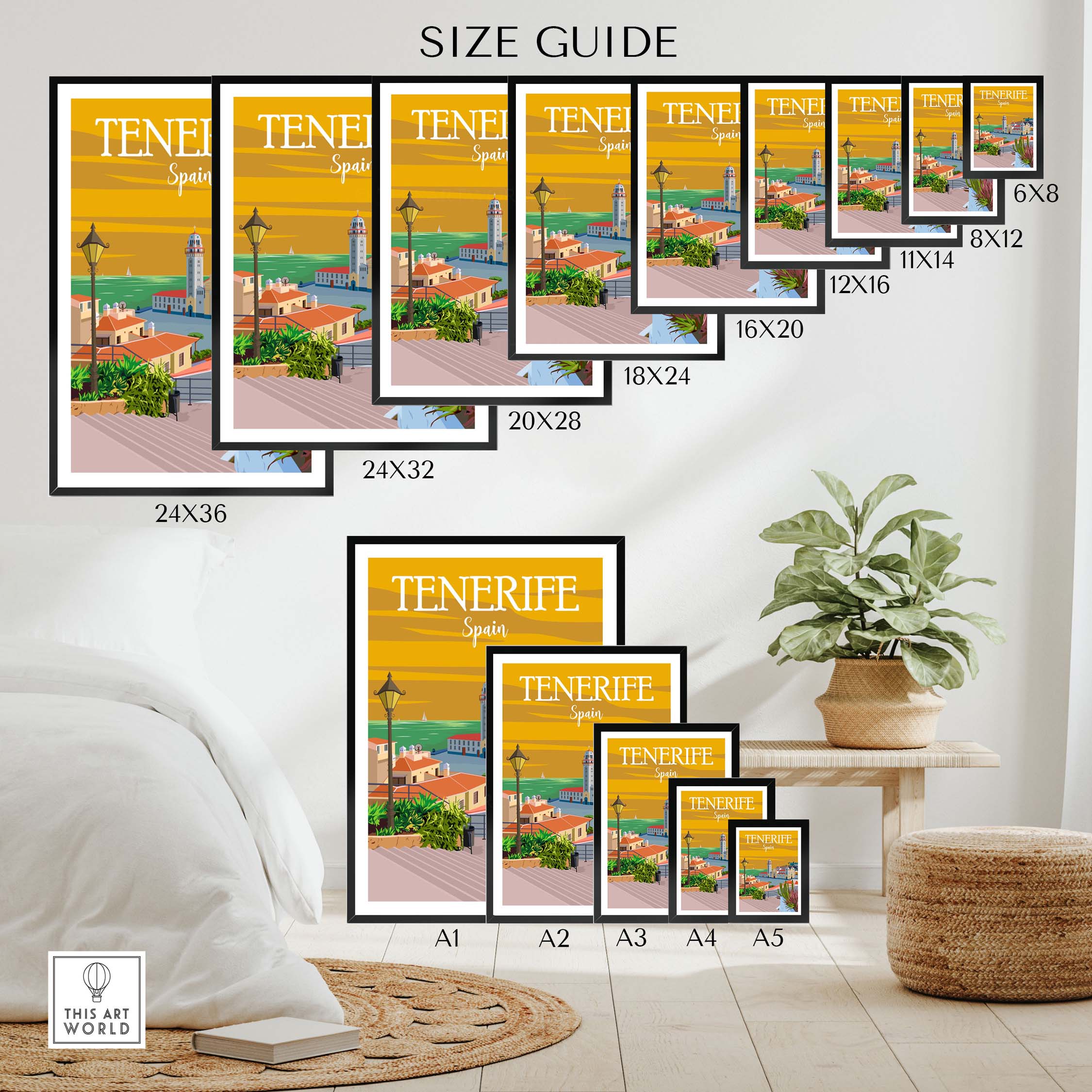 Tenerife Poster Print Wall Art size guide showcasing various frame sizes in a stylish living room setting.