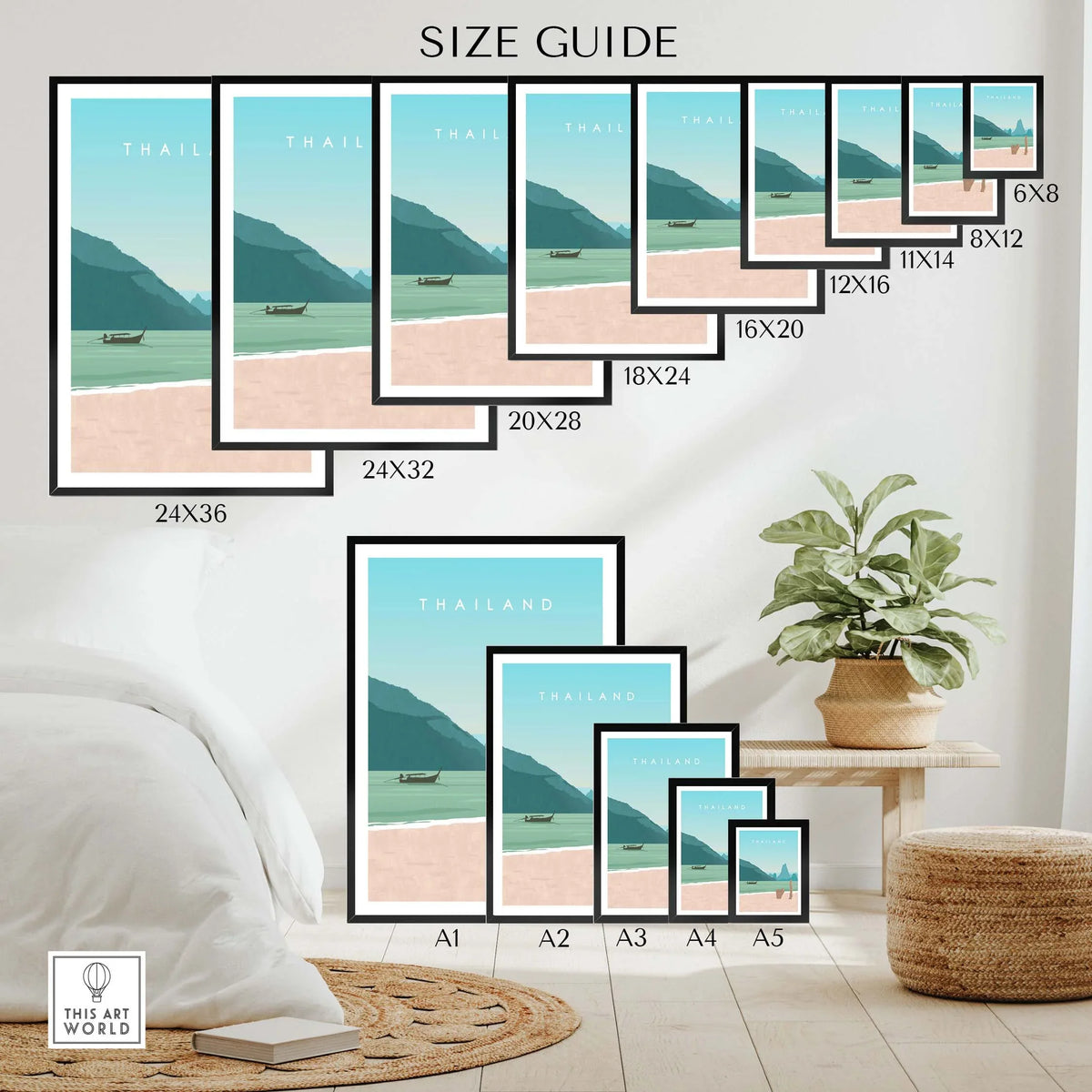 Size guide for Thailand Print Wall Art Poster displayed in various frames and sizes on a stylish home setting.