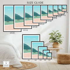 Size guide for Thailand Print Wall Art Poster displayed in various frames and sizes on a stylish home setting.