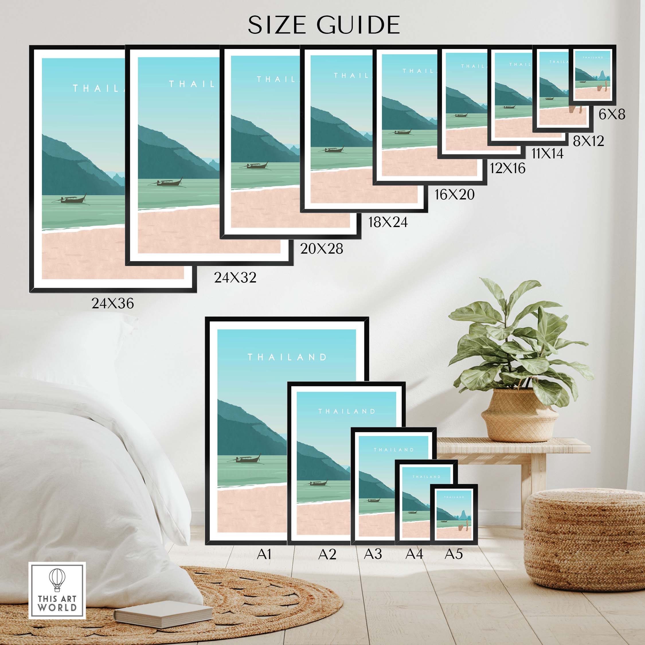 Size guide for Thailand Print Wall Art Poster displayed in various frames and sizes on a stylish home setting.