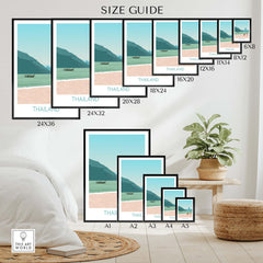 Size guide showcasing various frame sizes for Thailand Print Travel Poster with beach landscape.