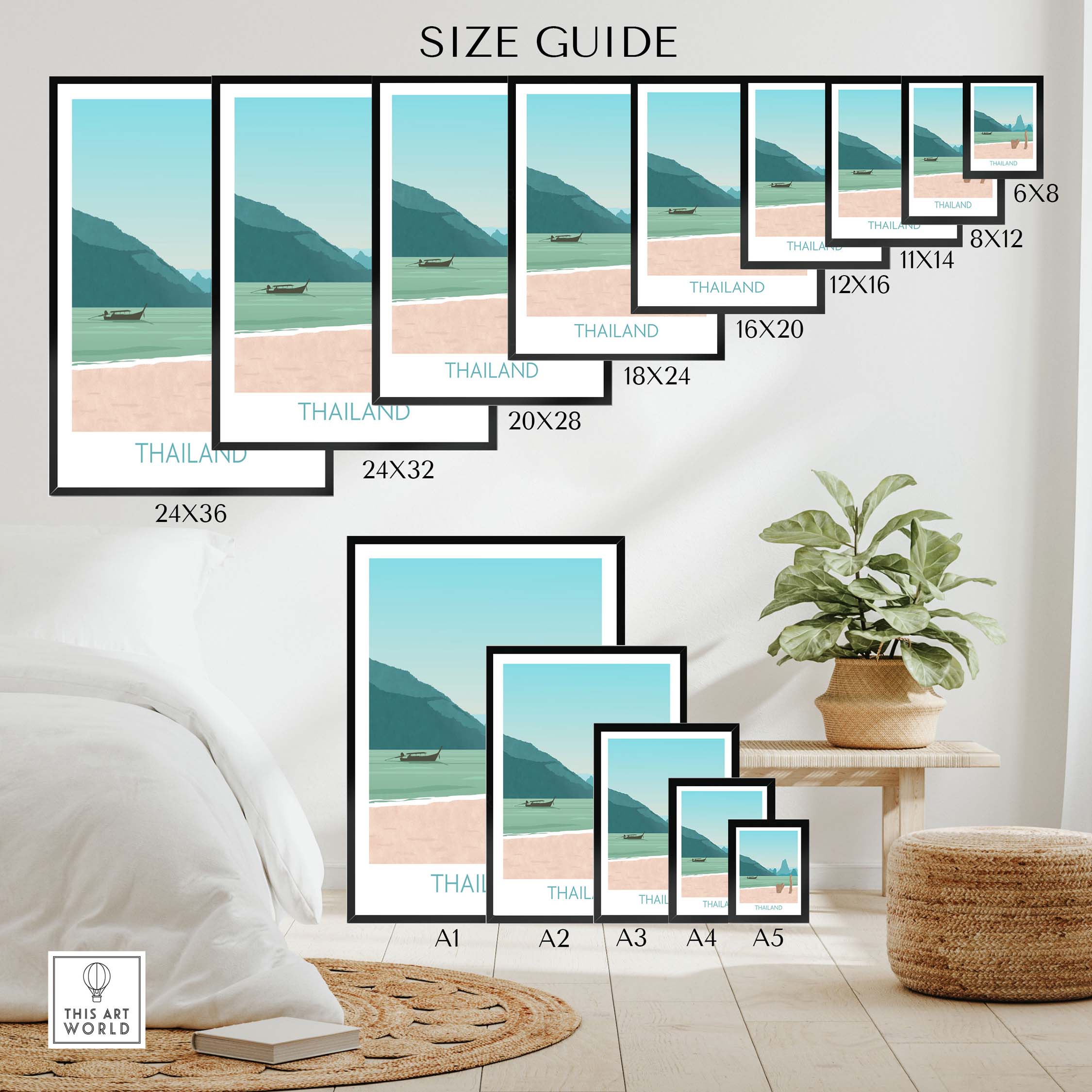 Size guide showcasing various frame sizes for Thailand Print Travel Poster with beach landscape.