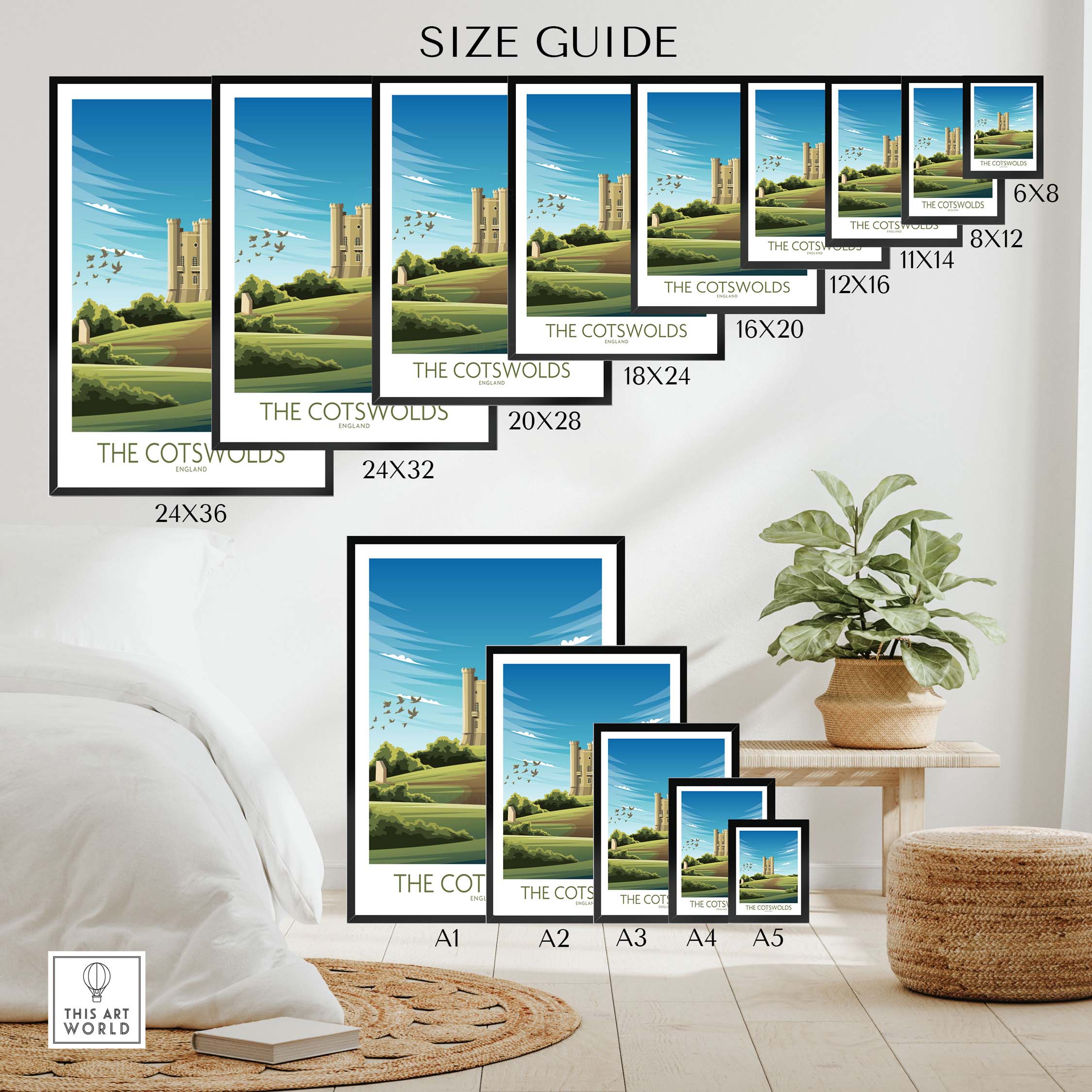 Size guide for The Cotswolds Print showcasing various frame options and dimensions for wall art.