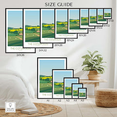 Size guide for The Cotswolds Print England Travel Poster showcasing available frame sizes and dimensions.