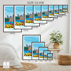 Size guide for The Hague Netherlands poster prints showcasing various frame sizes and designs.