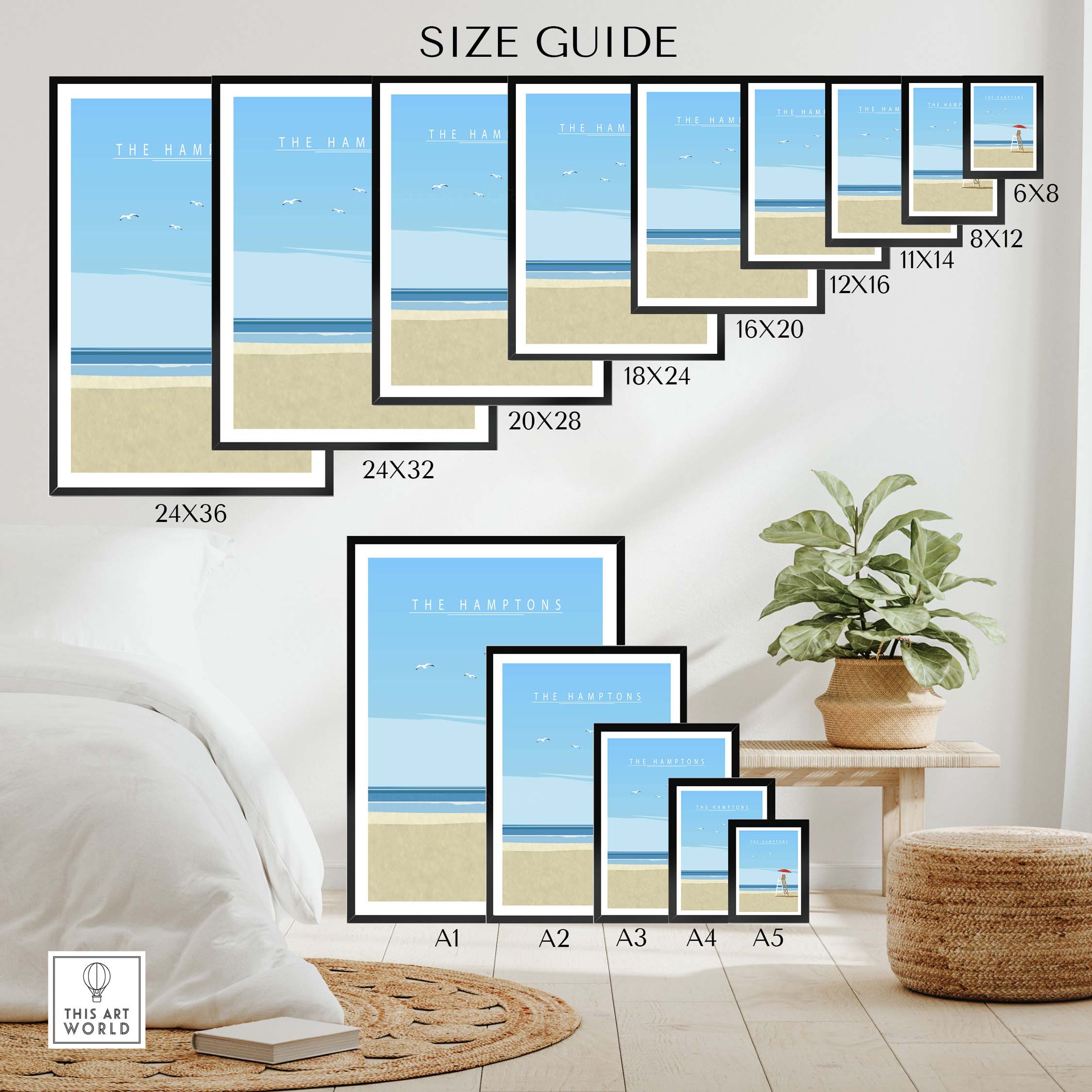 Size guide for The Hamptons Print showing various dimensions and styles for wall art decor.
