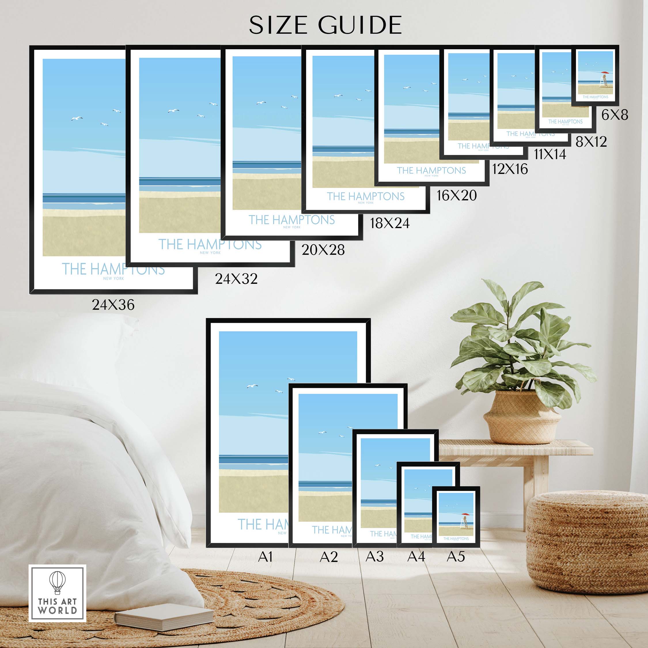 Size guide for The Hamptons Wall Art New York featuring various frame dimensions and a beach-inspired design.