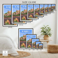 Toledo Spain poster size guide featuring various framed and unframed options for wall art.