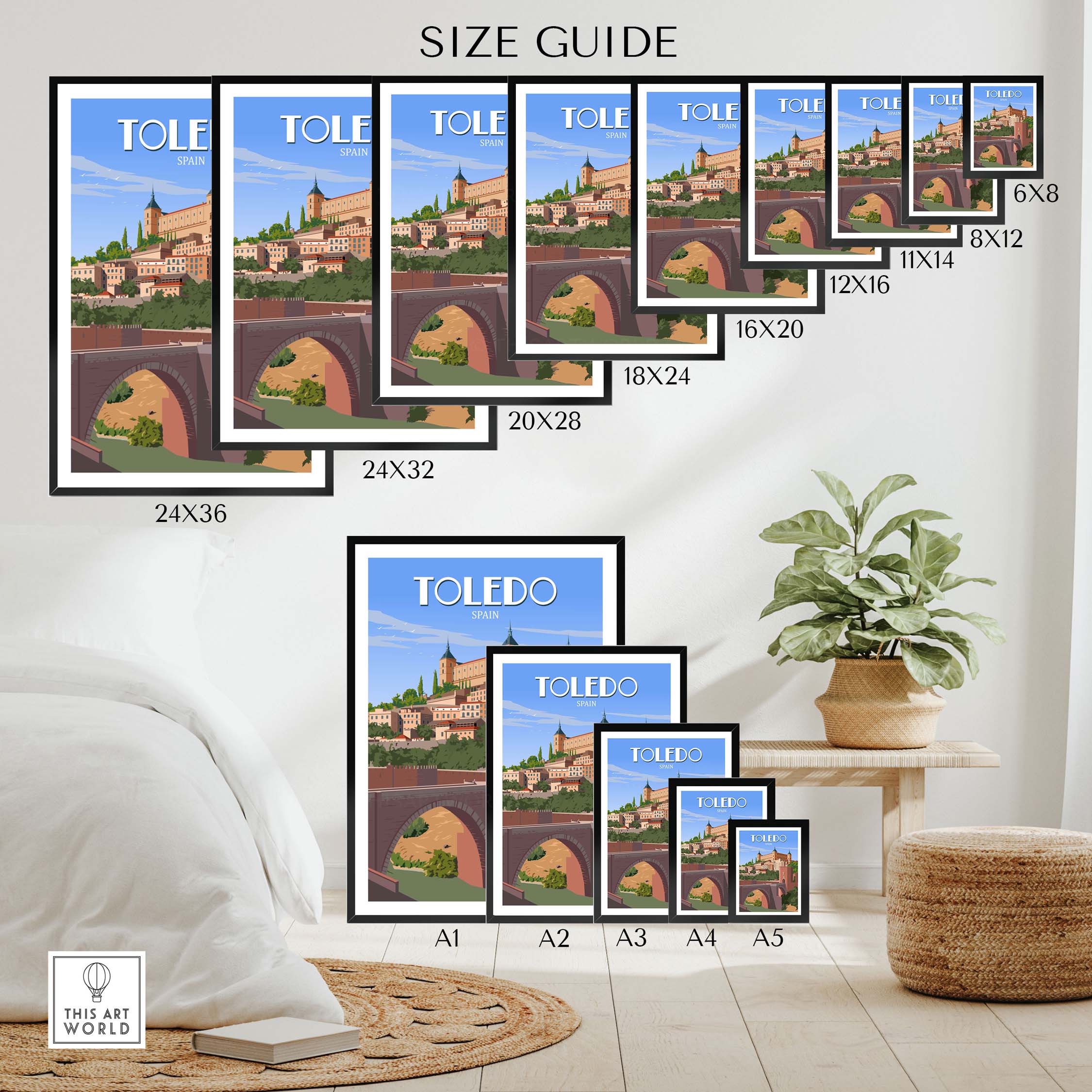 Toledo Spain poster size guide featuring various framed and unframed options for wall art.
