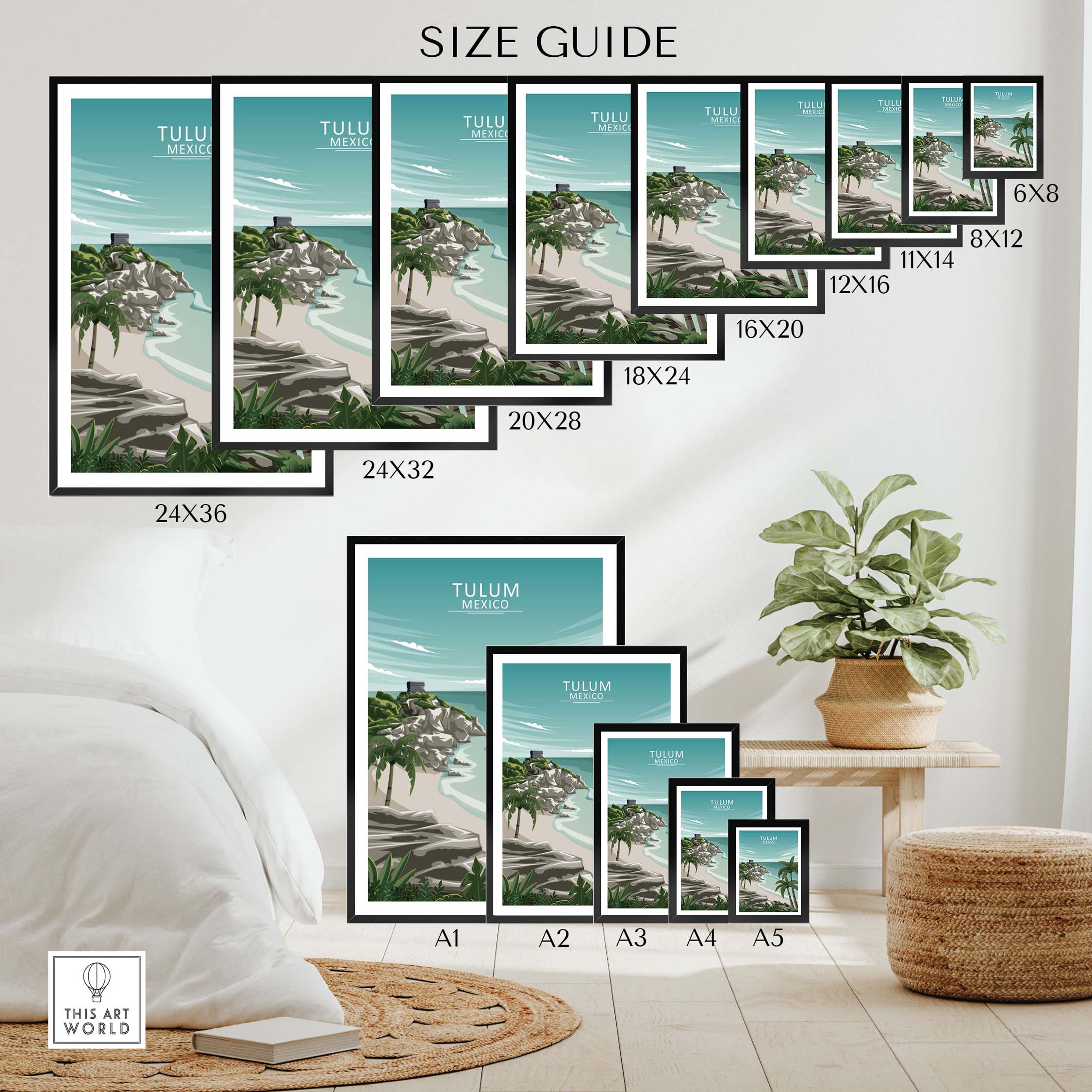 Size guide for Tulum Wall Art Mexico, showcasing various framed and unframed print dimensions in a stylish room setting.