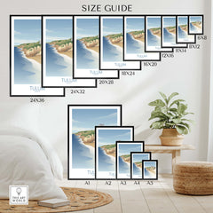Tulum Mexico wall art print size guide showcasing different frame sizes and styles for home decor inspiration.