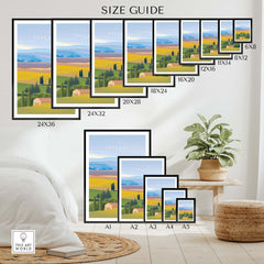 Tuscany Italy wall art poster size guide with various framed and unframed sizes displayed in a cozy room setting.