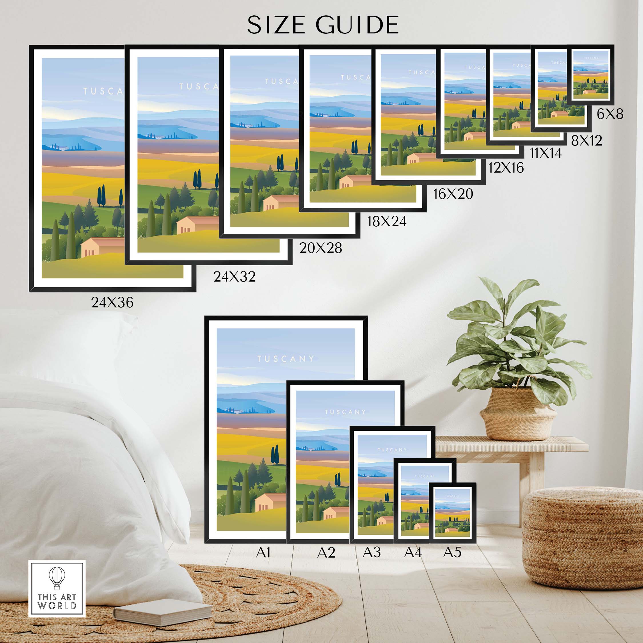 Tuscany Italy wall art poster size guide with various framed and unframed sizes displayed in a cozy room setting.