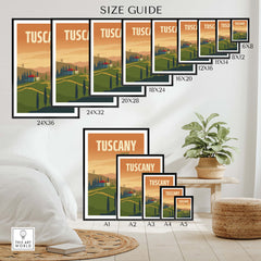 Size guide for Tuscany Poster Wall Art Print showcasing various frame sizes in a stylish home setting.